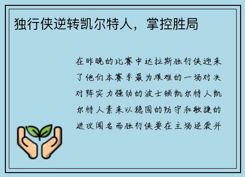 独行侠逆转凯尔特人，掌控胜局