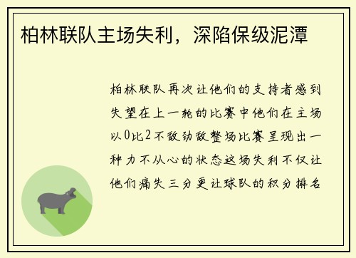 柏林联队主场失利，深陷保级泥潭