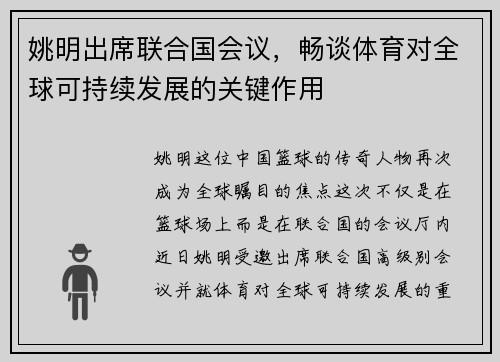 姚明出席联合国会议，畅谈体育对全球可持续发展的关键作用