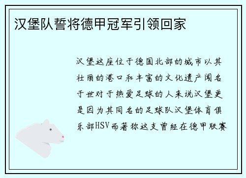 汉堡队誓将德甲冠军引领回家